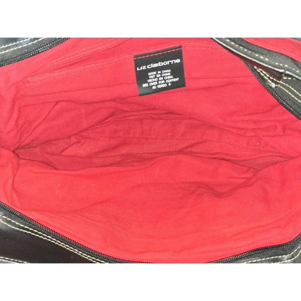 Vintage Liz Claiborne Black Double Strap‎ Red Lining Faux Leather Hand Bag